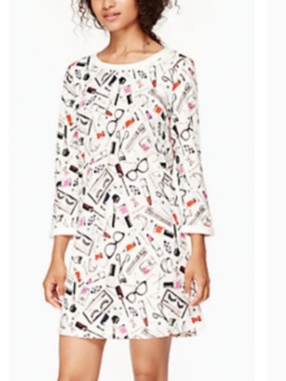 kate spade White Printed Long-Sleeve Shift Dress with Makeup Motif